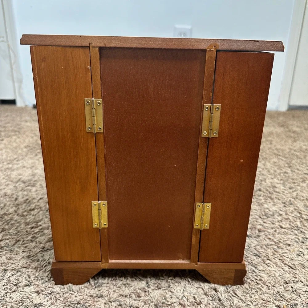 Vintage Wooden Jewelry Armoire Chest Cross Etched Glass 5 Drawers Brown READ